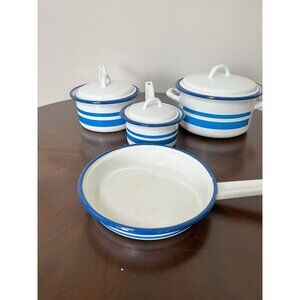 Vtg ERO Enamelware Stock Pot Sauce & Frying Pan Lids White & Blue Stripe Romania